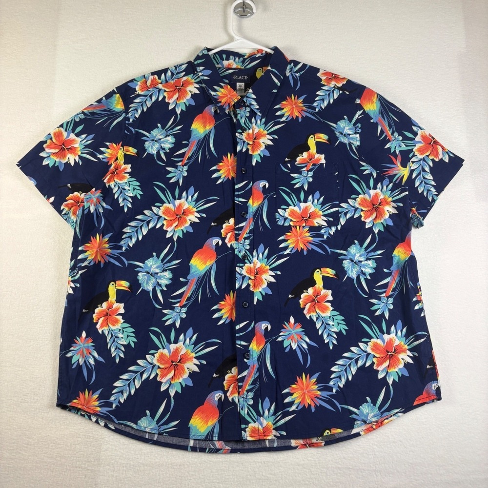 The Children's Place Mens‎ XXL Navy Blue Tropical Parrot Toucan Cotton Shirt